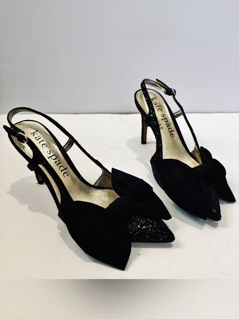 Kate Spade Sheela Black Glitter Silk Bow Slingback Pointed Toe Party Heel Pumps